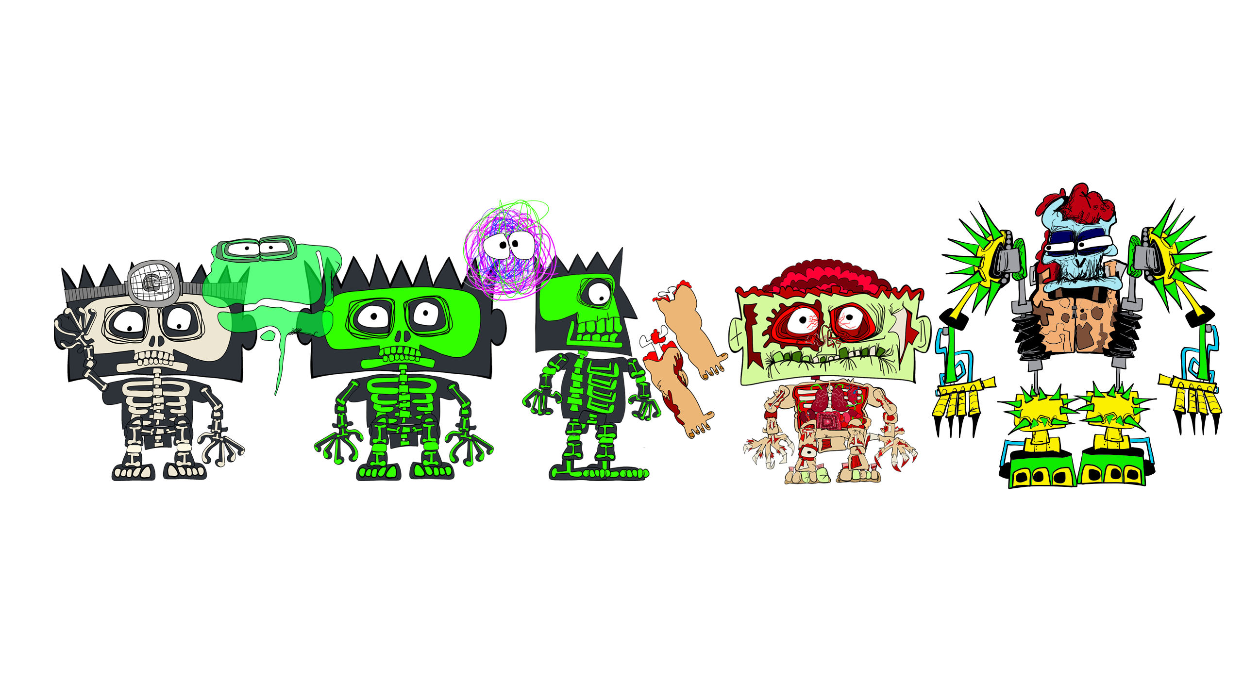 Carny Island’s Superstein transformation: skeletons, a glowing spirit, body parts and the assembled Superstein.