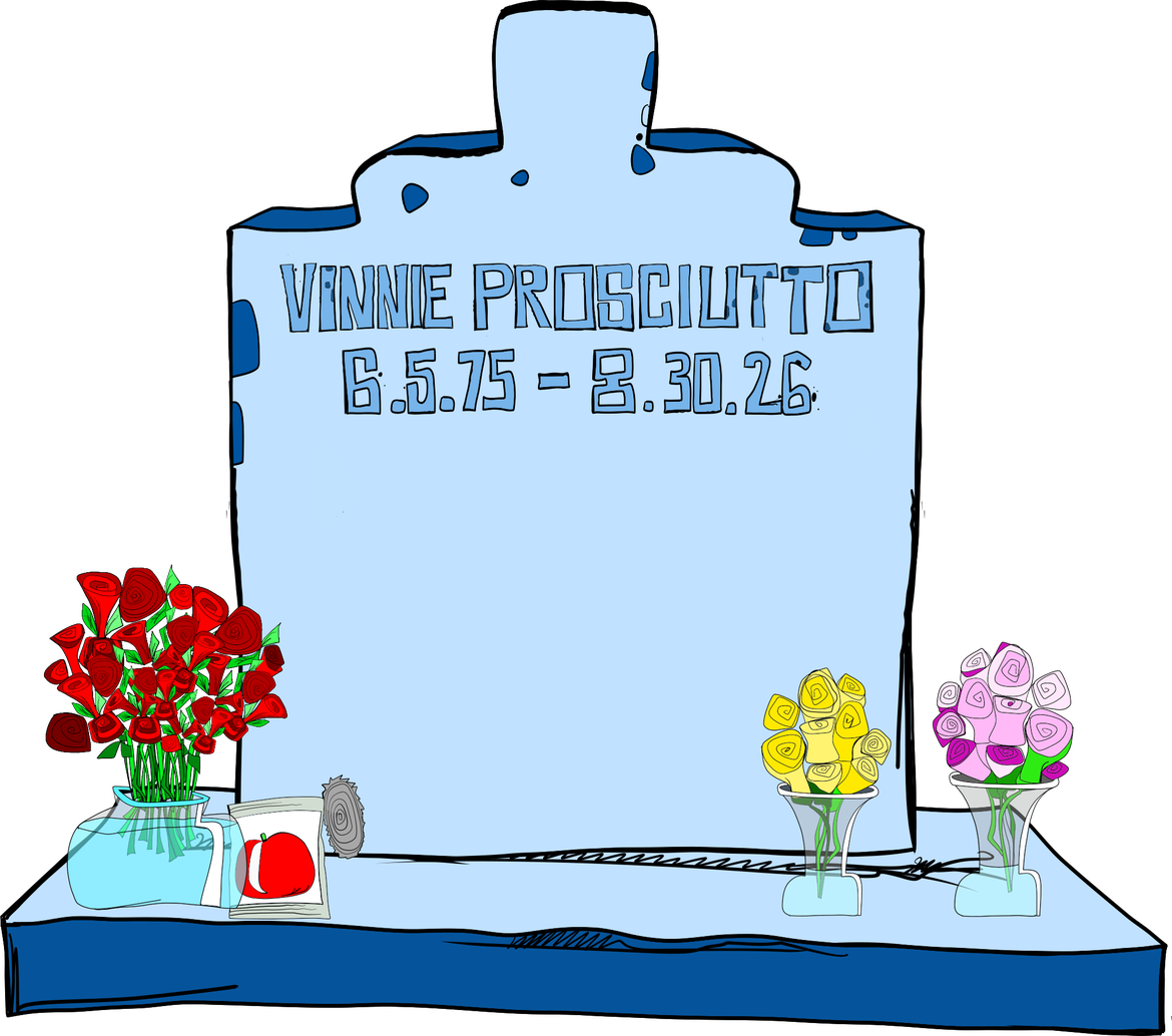 Vinnie Prosciutto’s headstone, flowers and a can