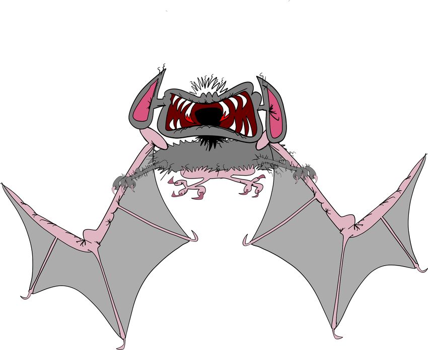 A grey and pink bat with spread wings and a wide fanged mouth