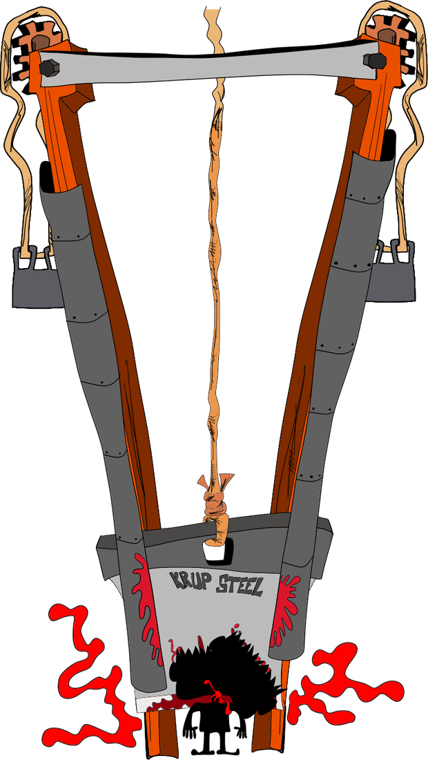 A rope-driven guillotine mechanism with a bloodied blade