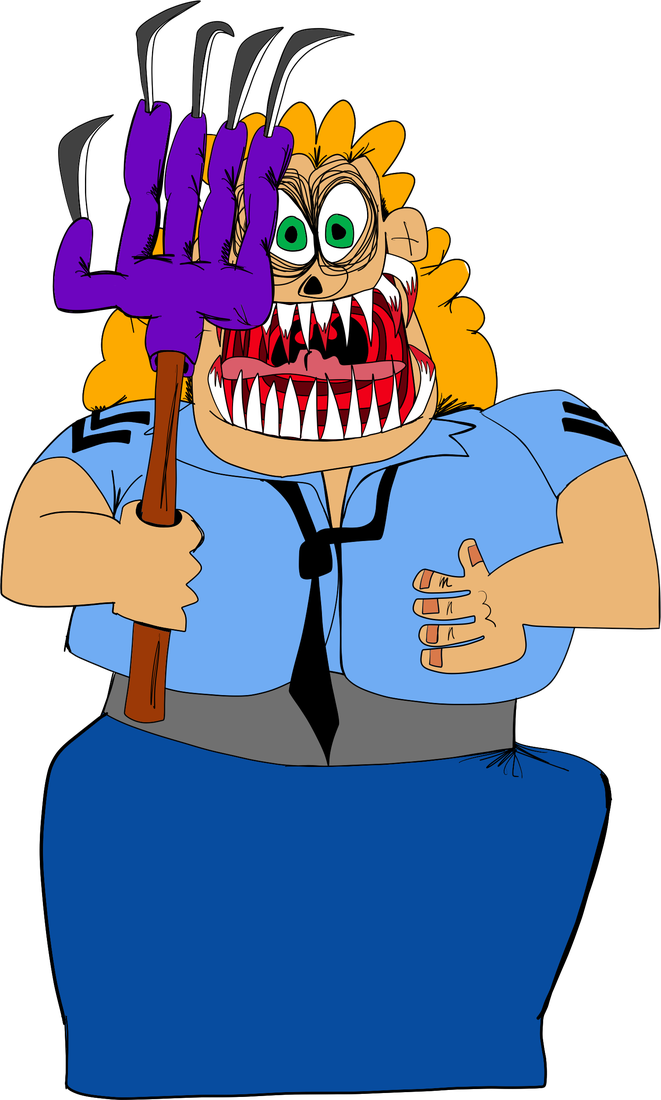 Myra raising a purple claw on a wooden handle