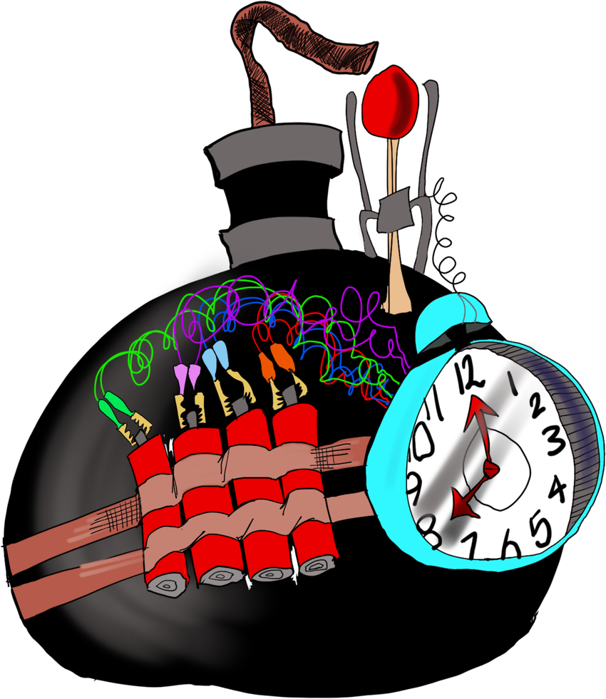 A bomb with dynamite, coloured wires and an alarm clock