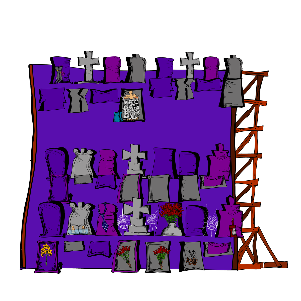 A painted wall of headstones and grave offerings