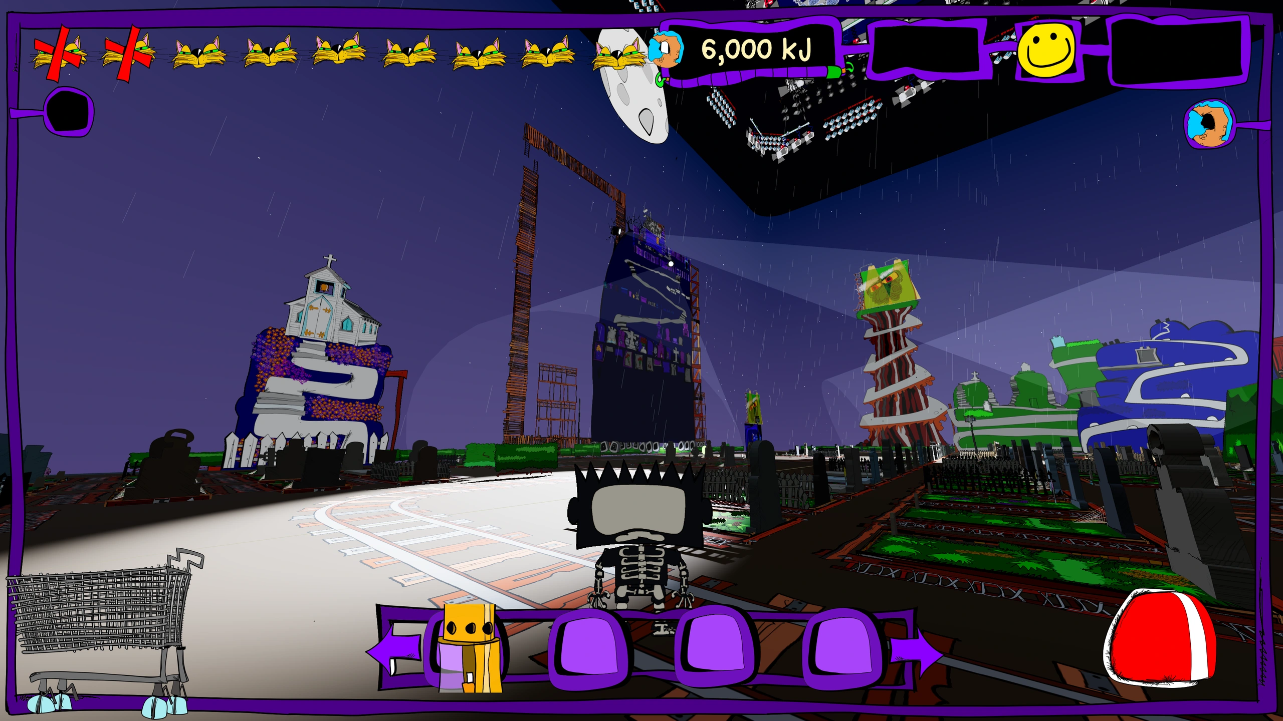 Skritch in the foreground, purple game UI and Crookwood’s searchlights in the rain