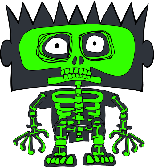 Skritch in a glowing green skeleton suit